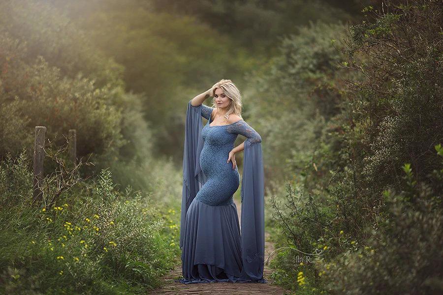Lace Stitching Super Long Sleeve Maternity Dress