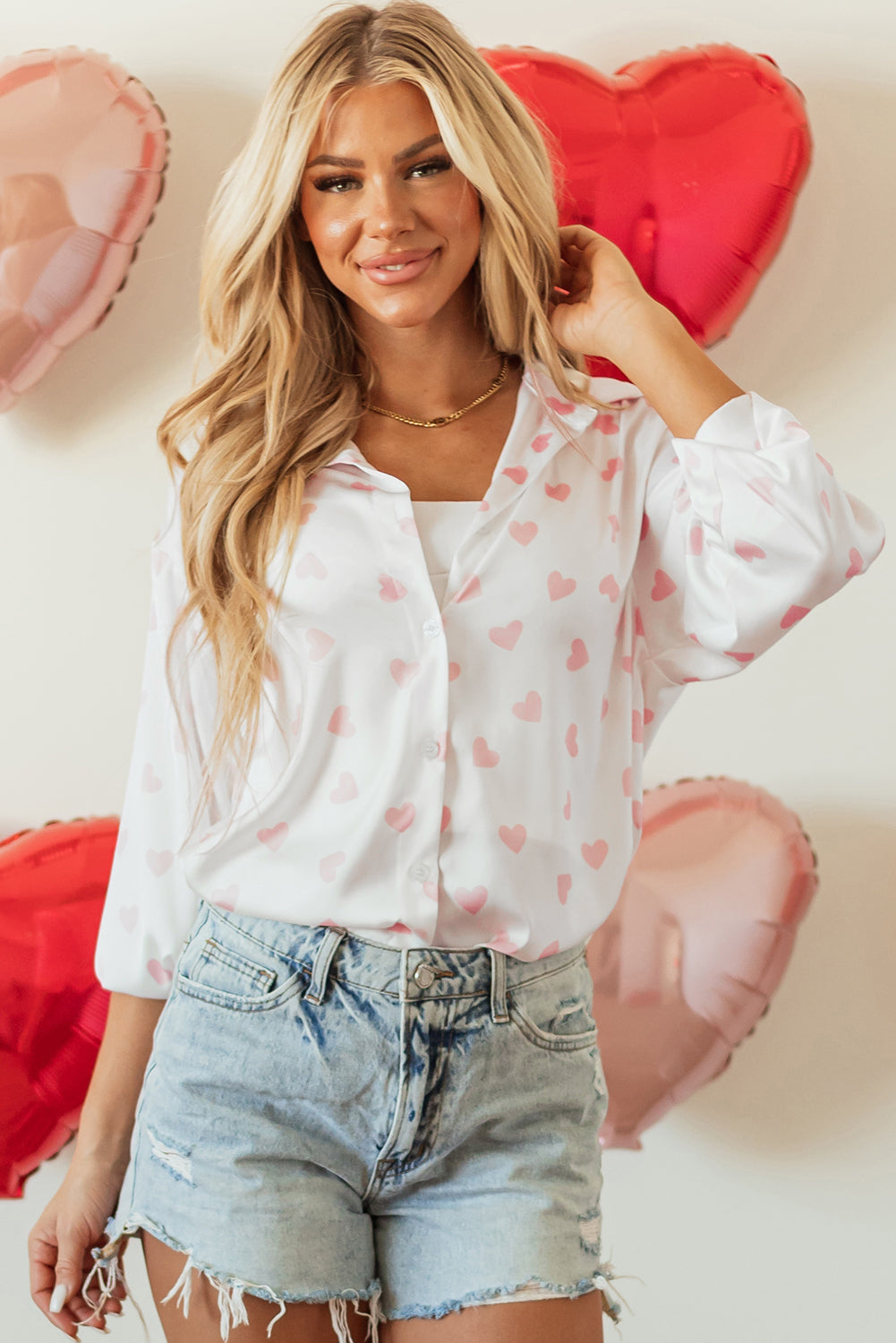 White Love Heart Print Drop Shoulder Puff Sleeve Women's Blouse