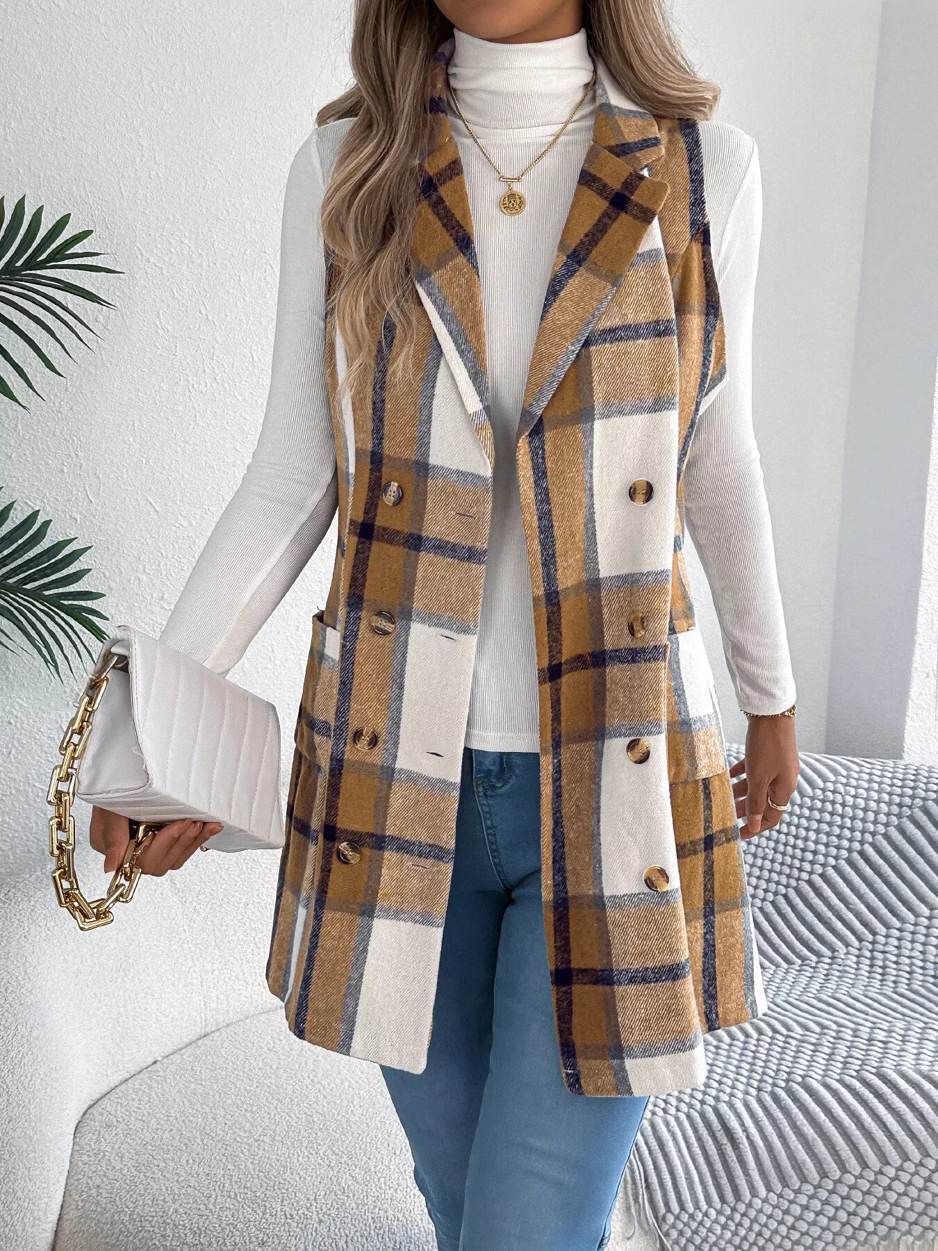 Women's Plaid Double-Breasted Vest Coat in Camel and White