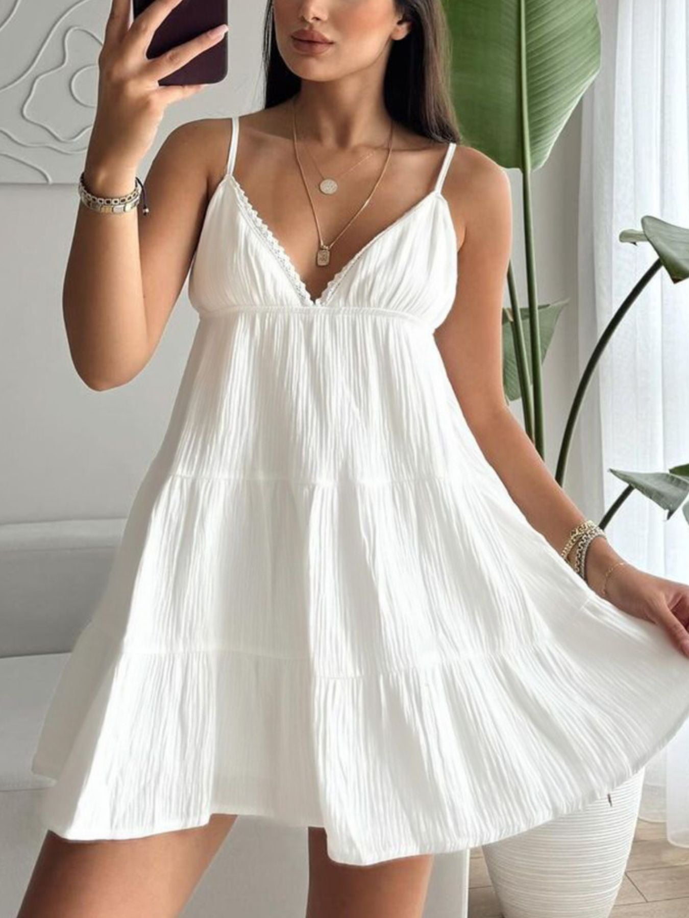 White V-Neck Tiered Mini Dress Sleeveless Cotton Summer Dress