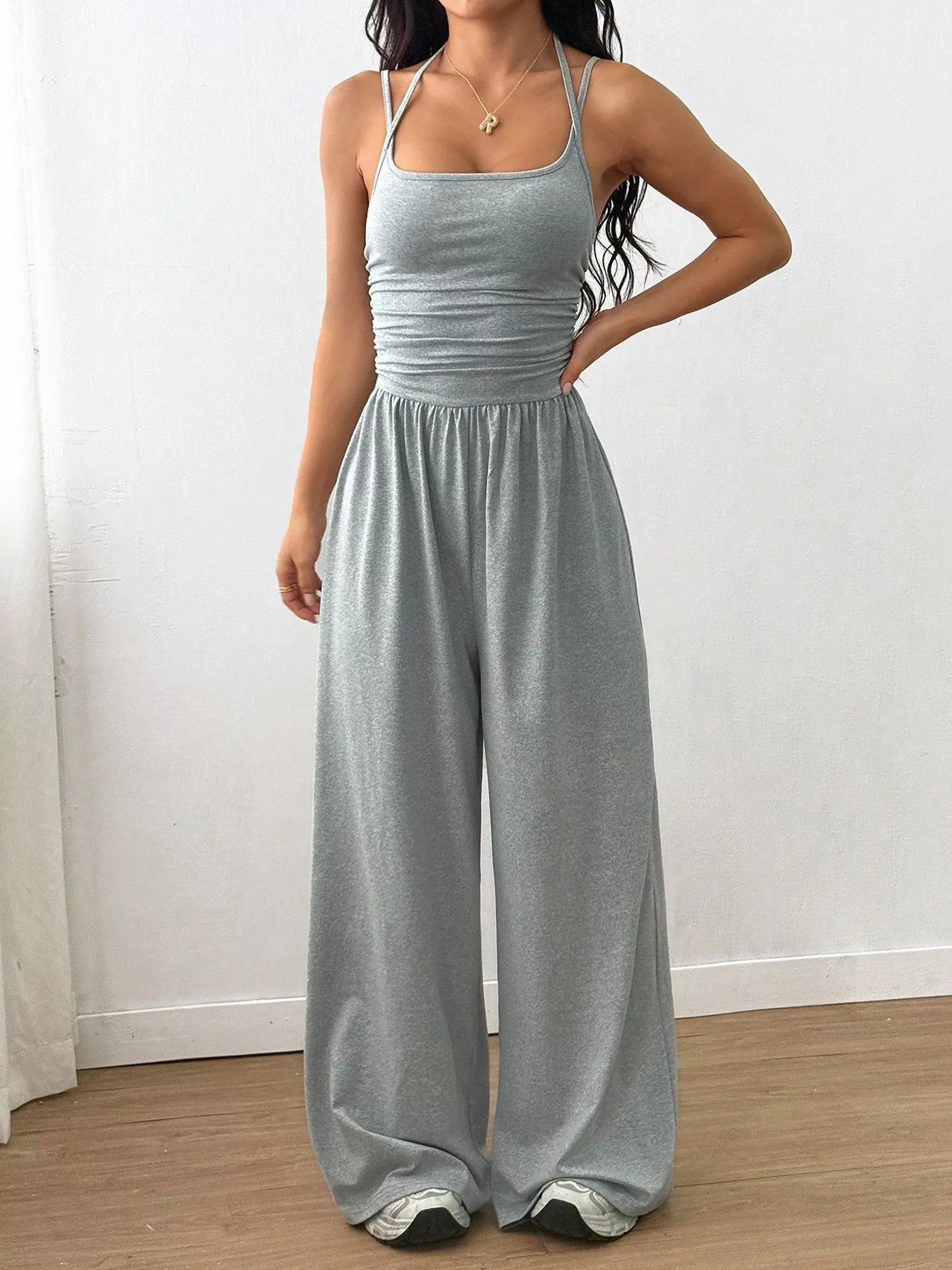 Women's Sleeveless Wide Leg Knit Jumpsuit in Grey and Brown