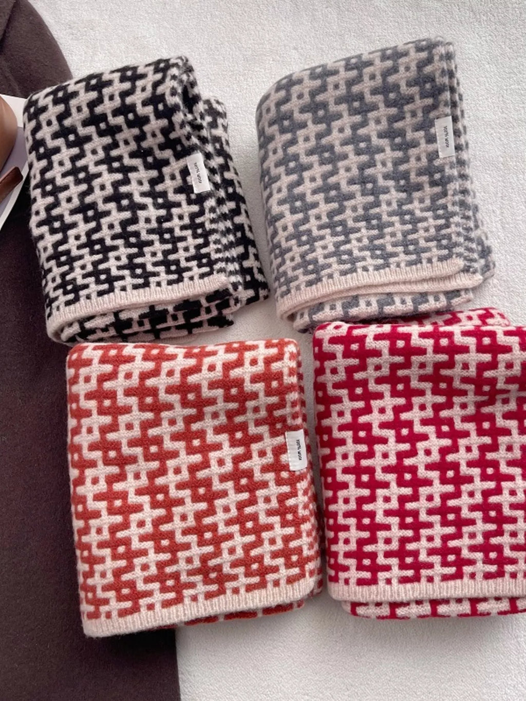 Wool Geometric Pattern Knitted Scarf Soft Winter Accessory