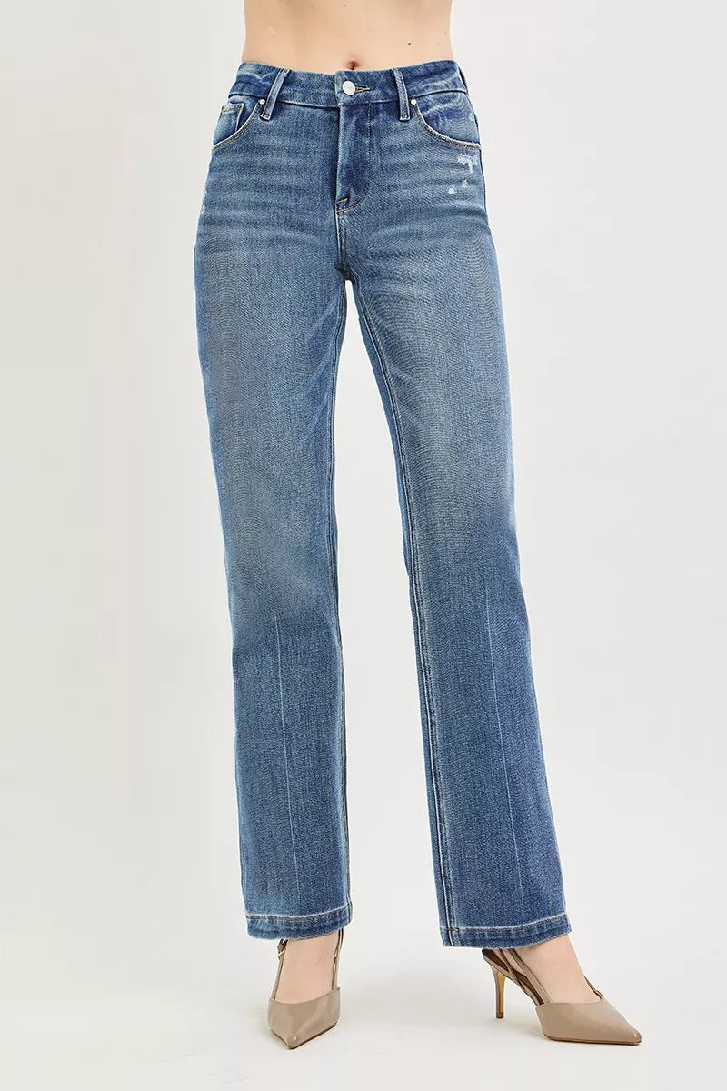 RISEN Tummy Control 4way Stretch Mid Rise Straight Leg Denim Jeans