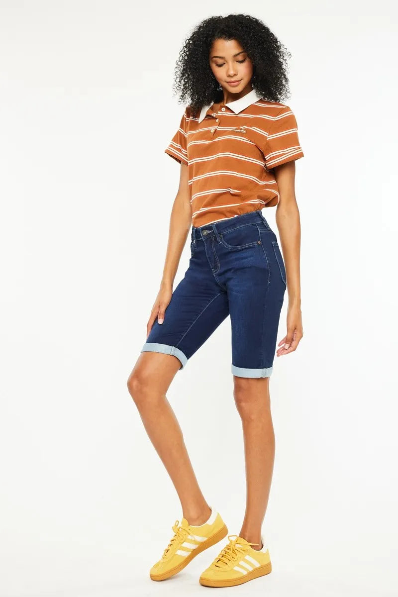 Kancan Mid Rise Bermuda Denim Shorts – Pocketed Slightly Stretchy