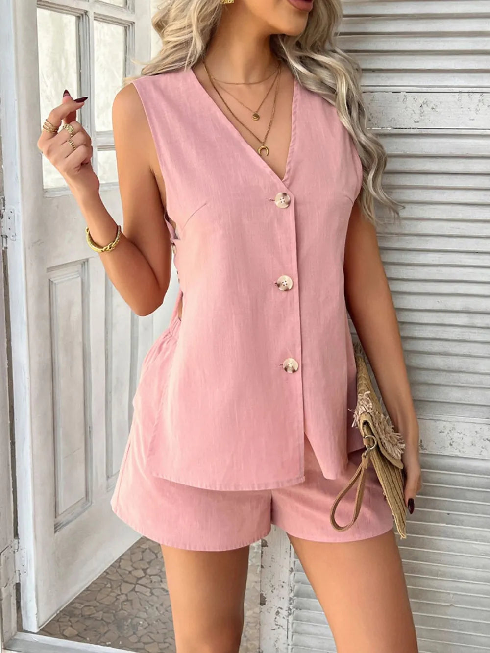 Devine Button Down V-Neck Two-Piece Set – Slit Detail | S–XL