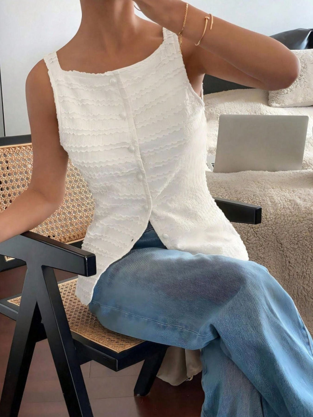Women's Textured Button-Front Knit Tank Top