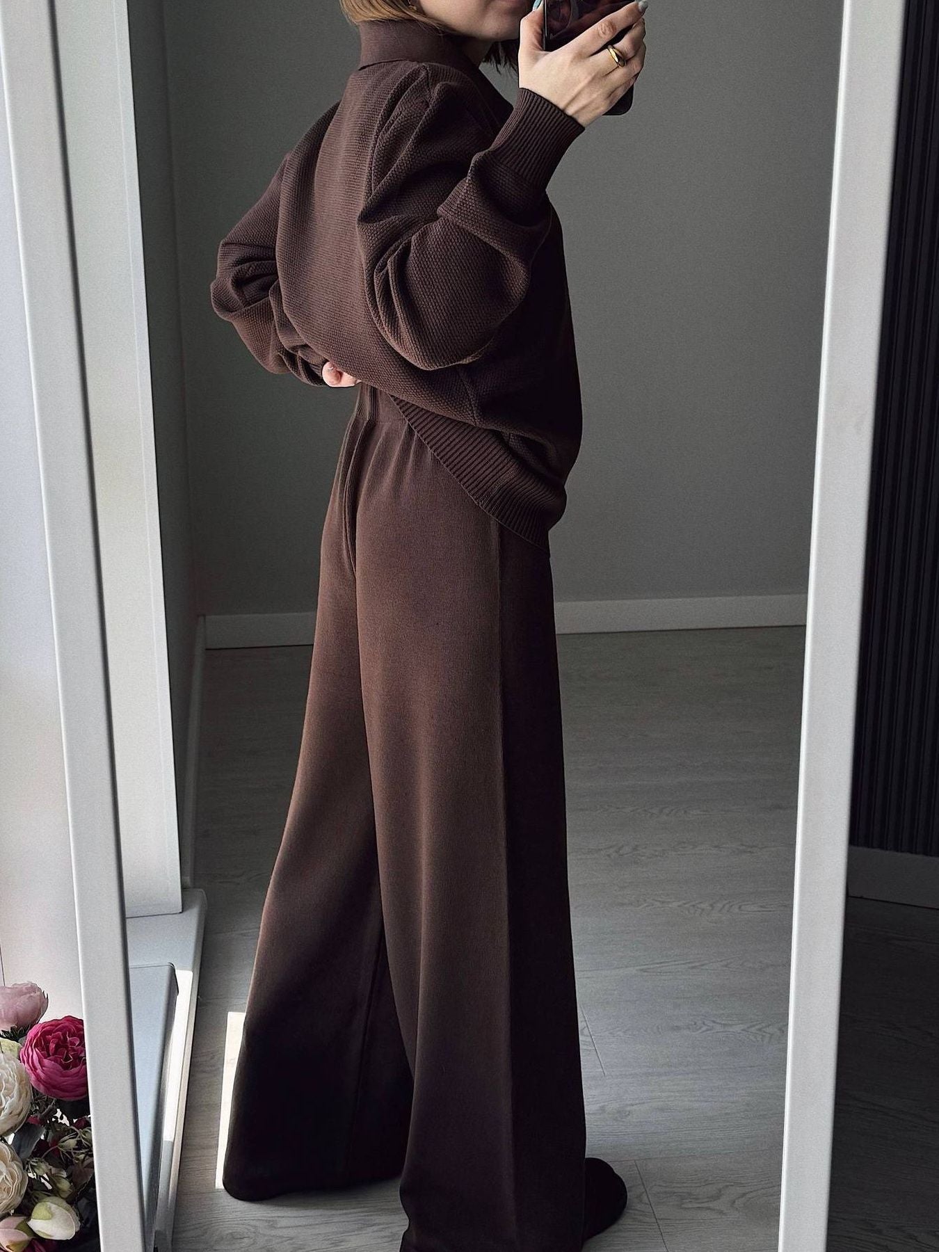 Women's Knit Polo Top and Wide Leg Pants Two-Piece Set