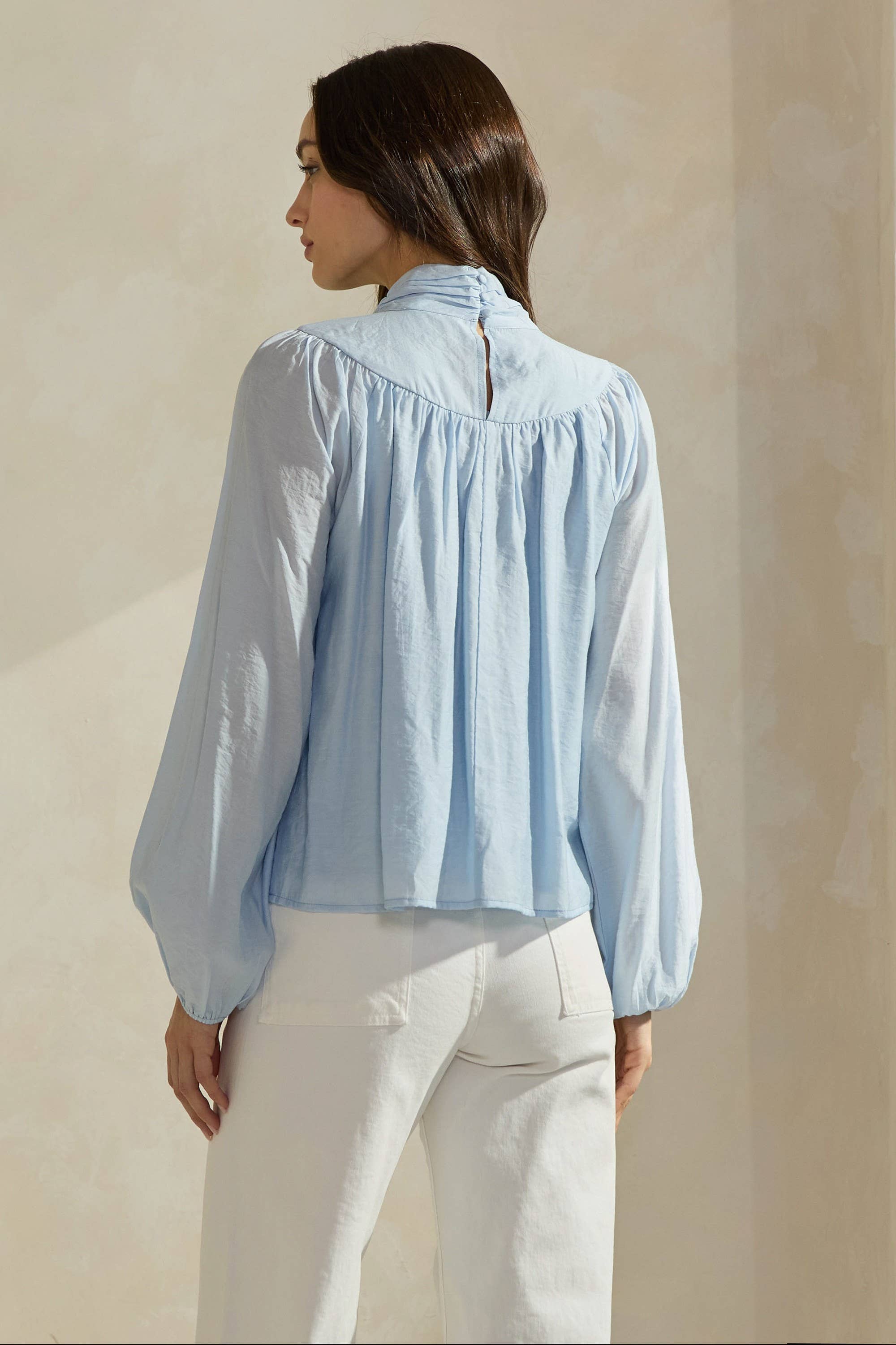 Sky Blue Bow-Tie Neck Cotton Blouse