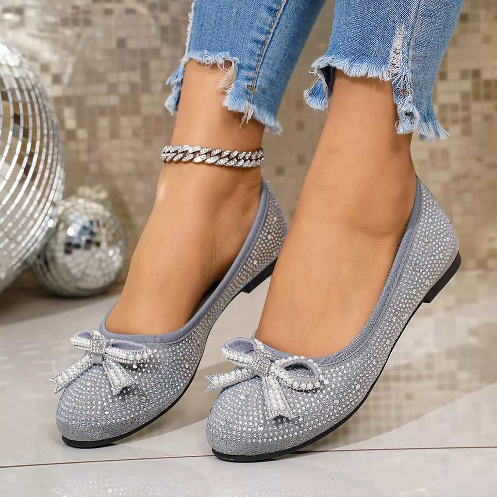 Rhinestone Bow Accent Slip-On Flats in Black and Gray