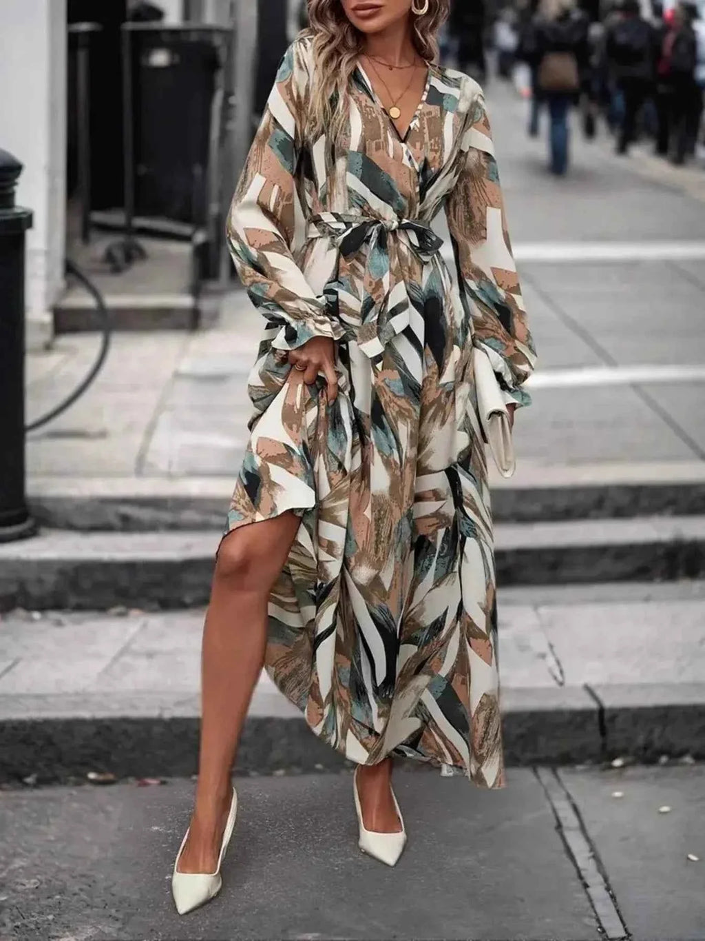 Printed Surplice Flounce Sleeve Maxi Dress