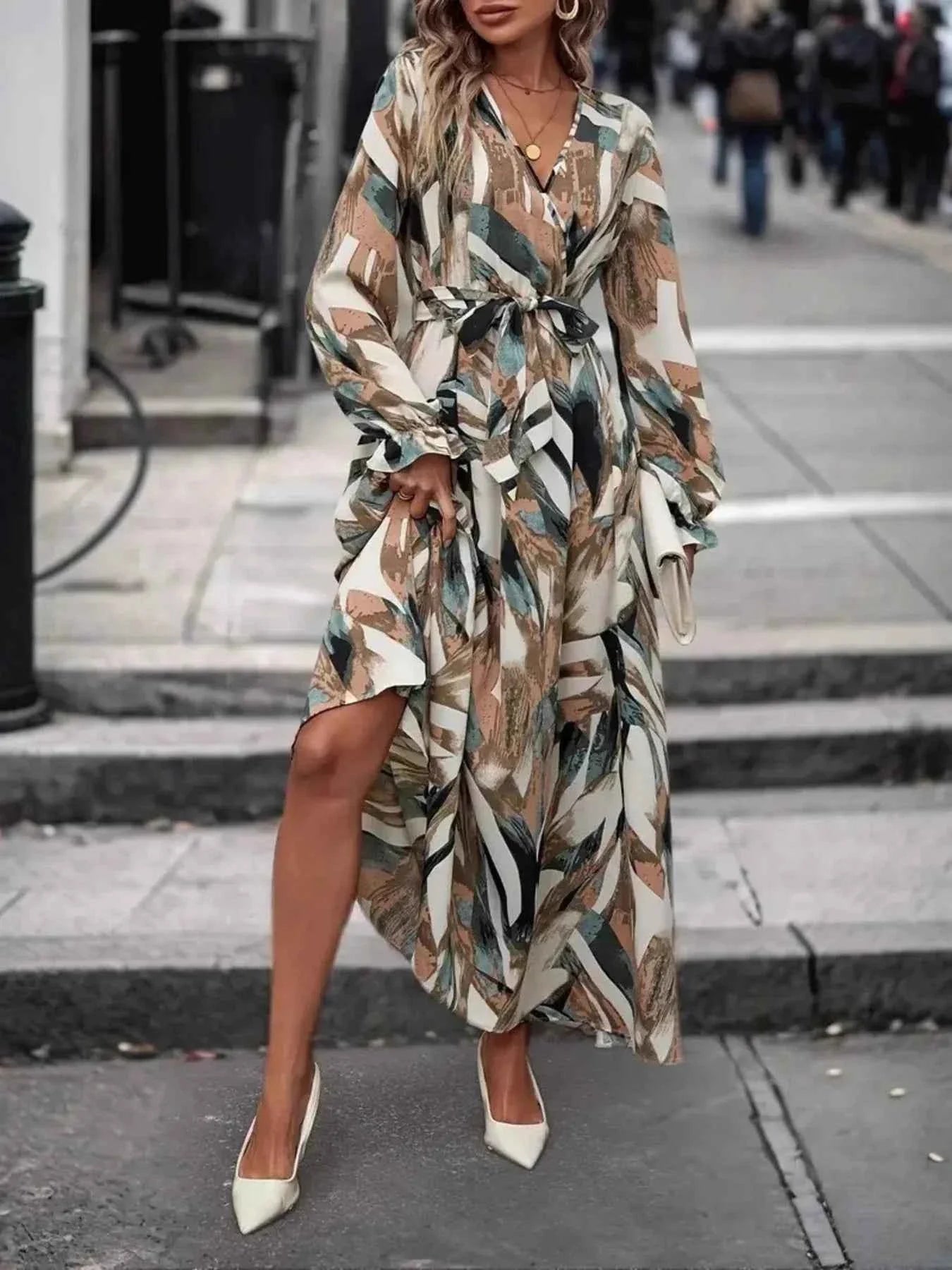 Printed Surplice Flounce Sleeve Maxi Dress