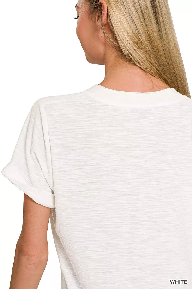 White Slub Rolled Short Sleeve V-Neck Pocket Tee for Women