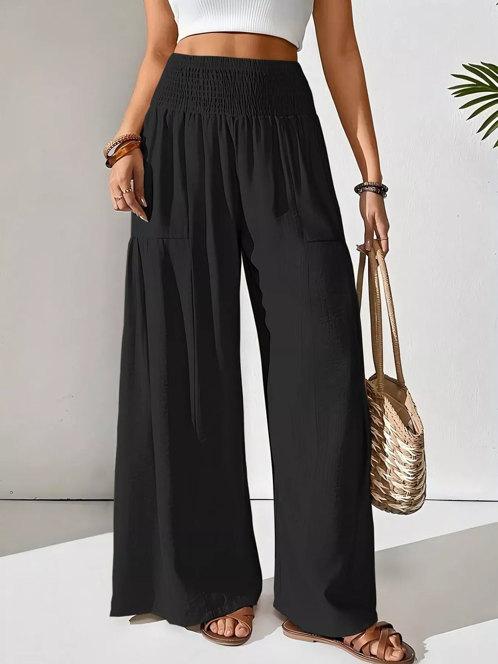 Women's Khaki Smocked Waist Wide Leg Flowy Casual Pants