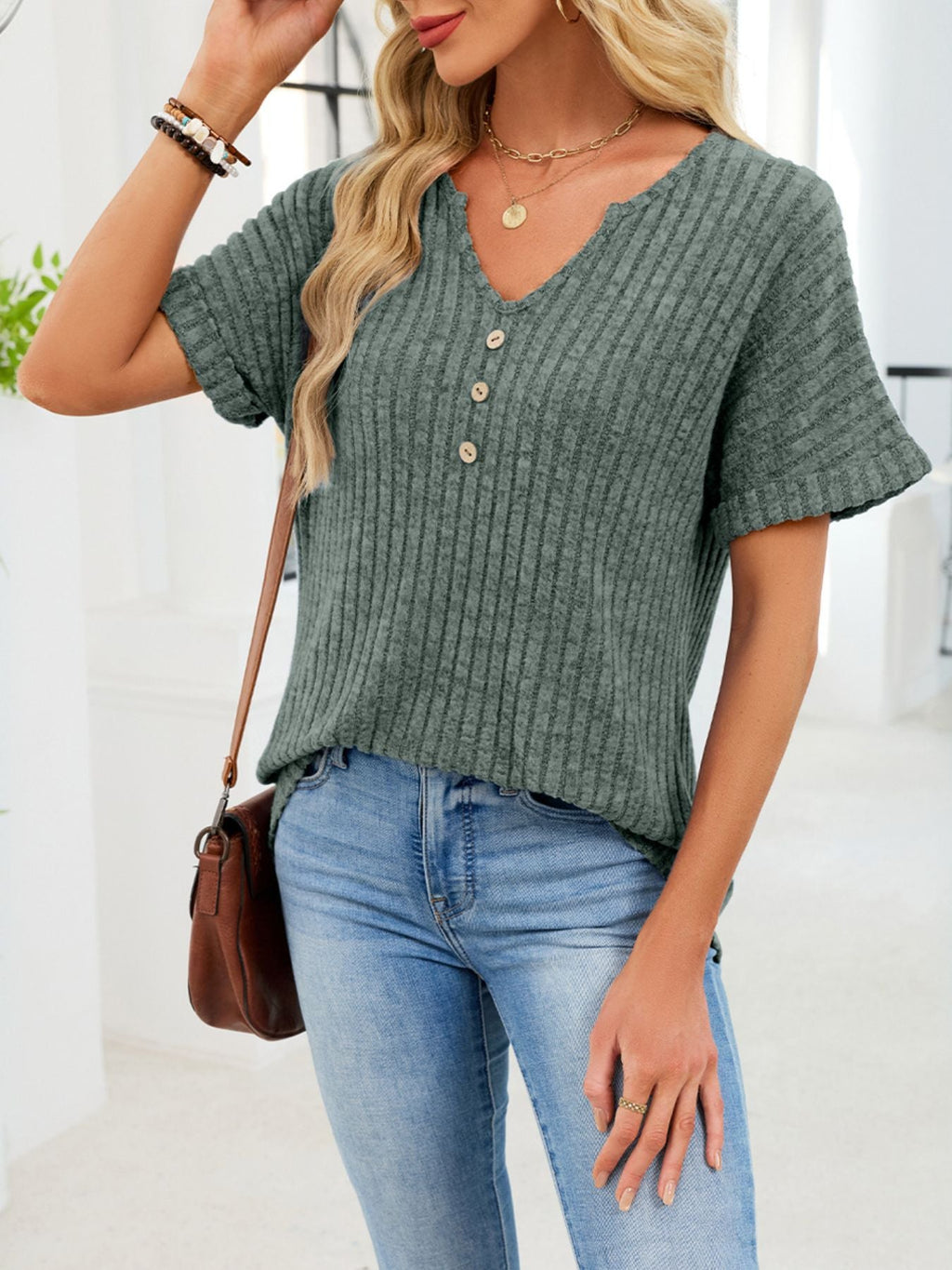 Women's Ribbed Knit Short Sleeve V-Neck T-Shirt with Buttons
