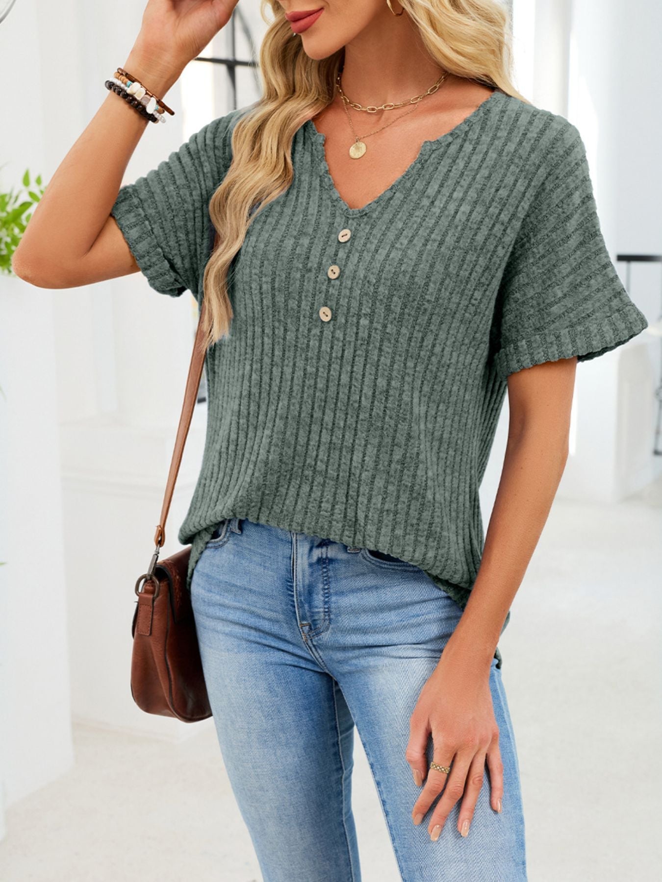 Women's Ribbed Knit Short Sleeve V-Neck T-Shirt with Buttons