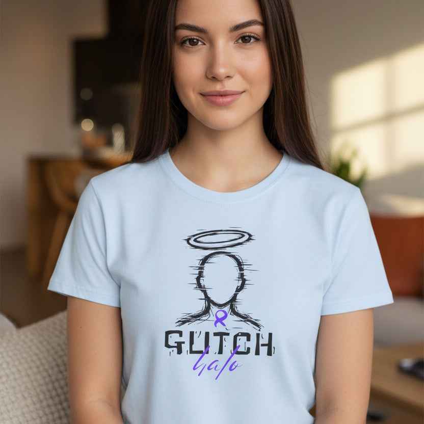 Glitch Halo Women’s Epilepsy Awareness T-Shirt – Purple Ribbon Awareness Tee