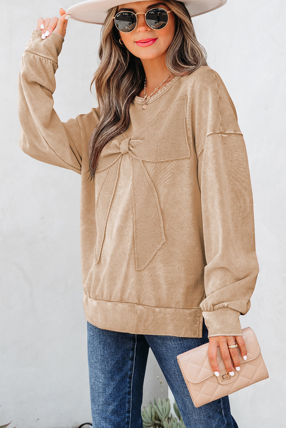 Light French Beige Mineral Wash Big Bow Patchwork Pullover Women's Sweatshirt