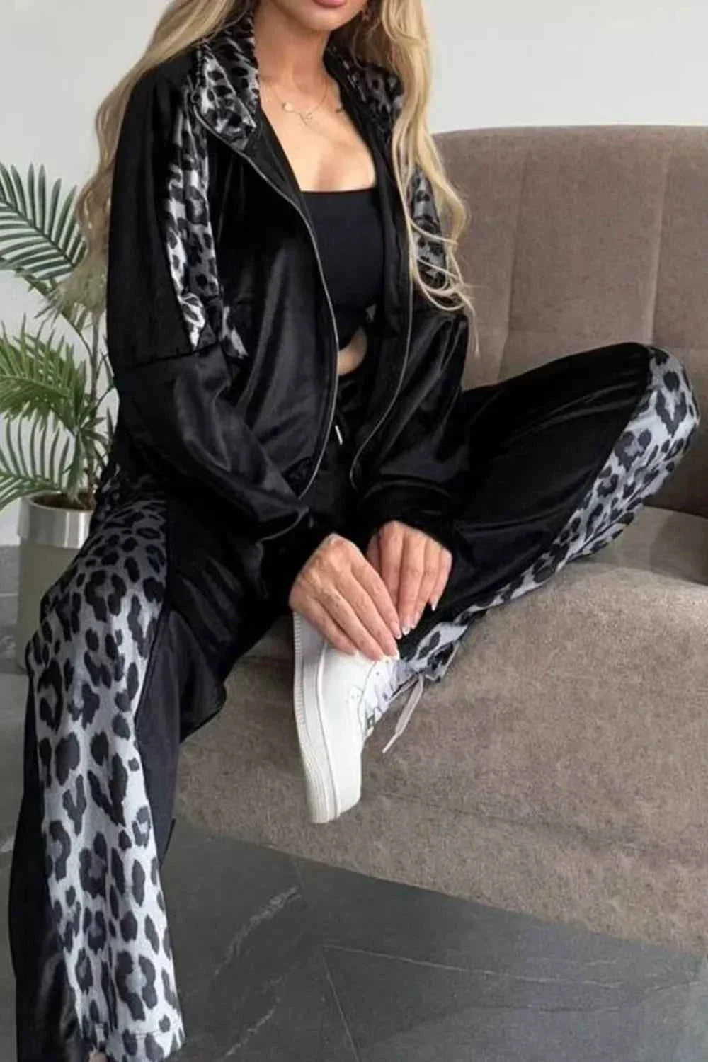 Full Size Collared Neck Leopard Zip Up Sweatsuit Plus Size