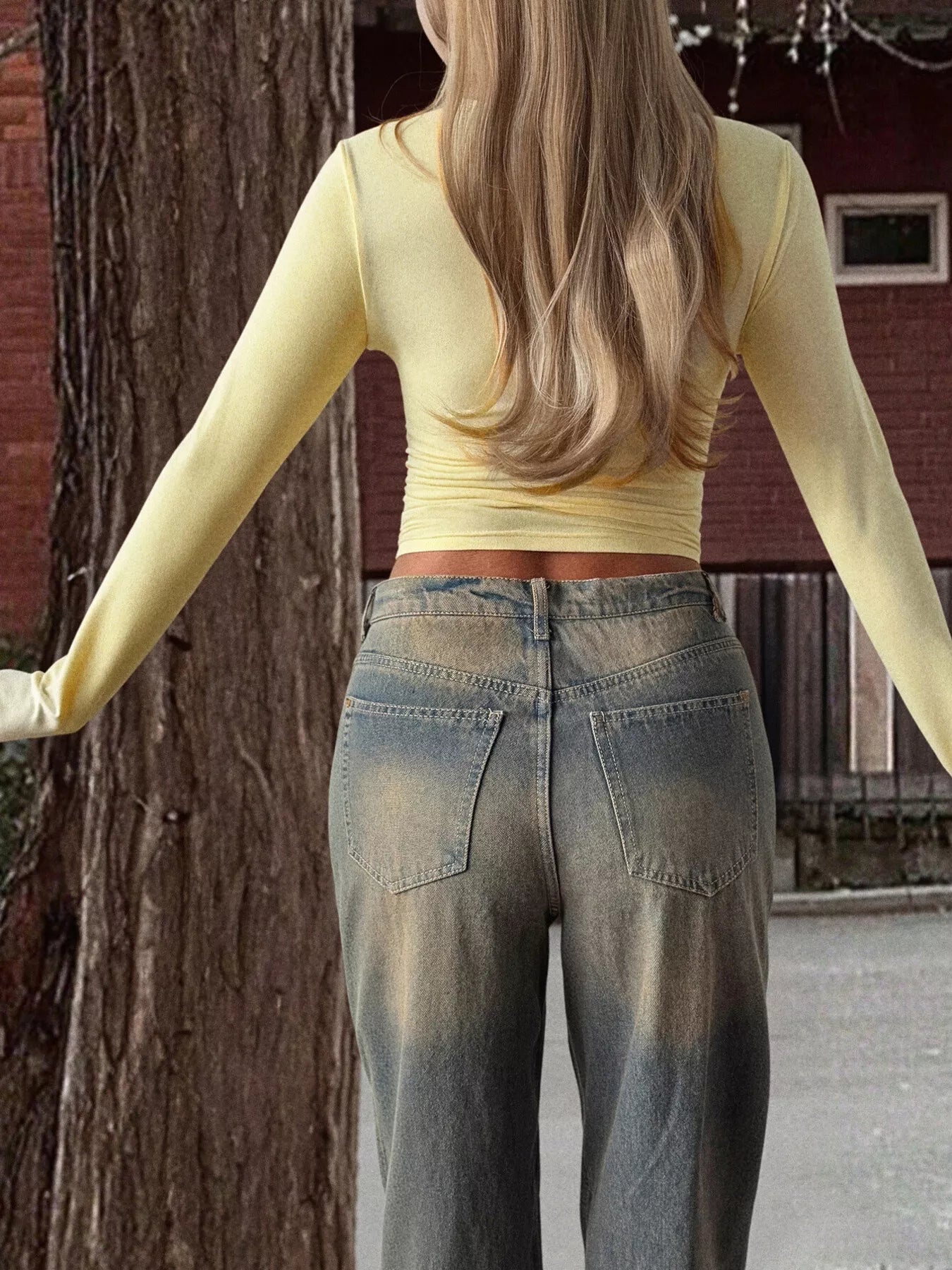 Yellow Long Sleeve Square Neck Slim Fit Tee