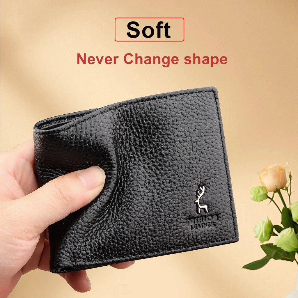 Black Men's Genuine Leather Wallet Cowhide Short Bifold