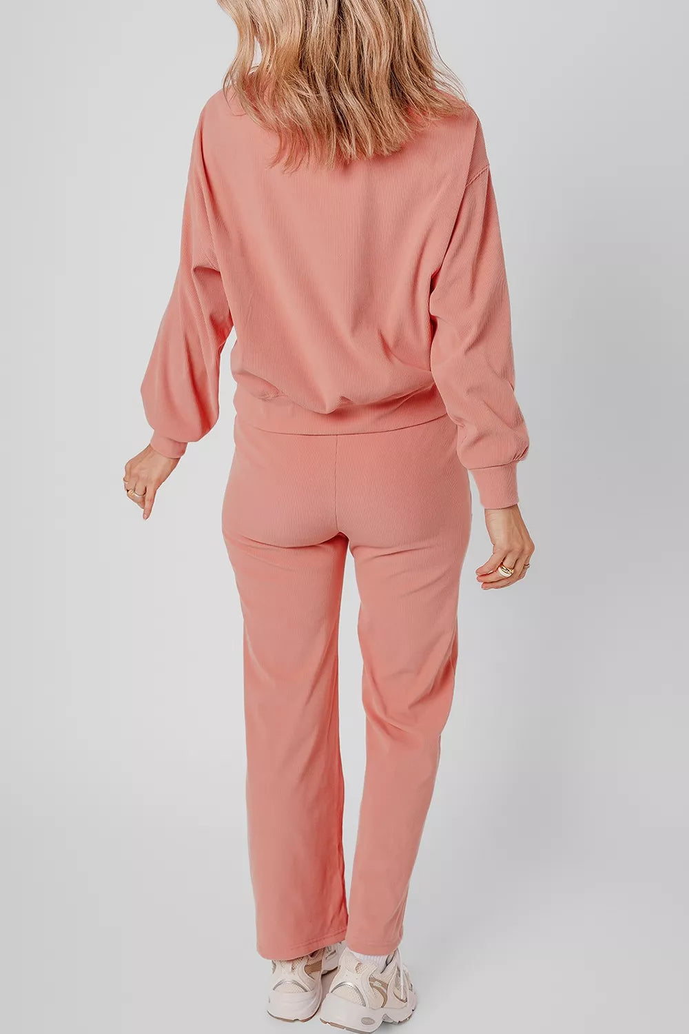 Women's Ribbed Round Neck Two-Piece Lounge Set with Pockets