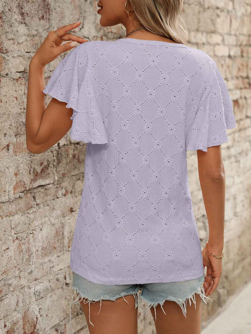Eyelet Flutter Sleeve Round Neck Top