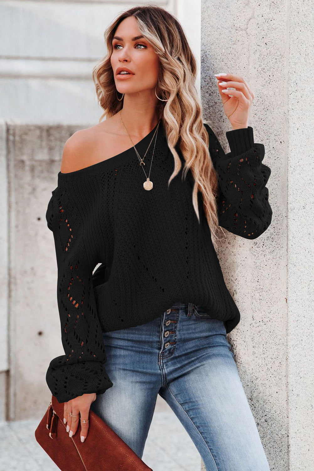 Blue Hollow-out Puffy Sleeve Knit Sweater