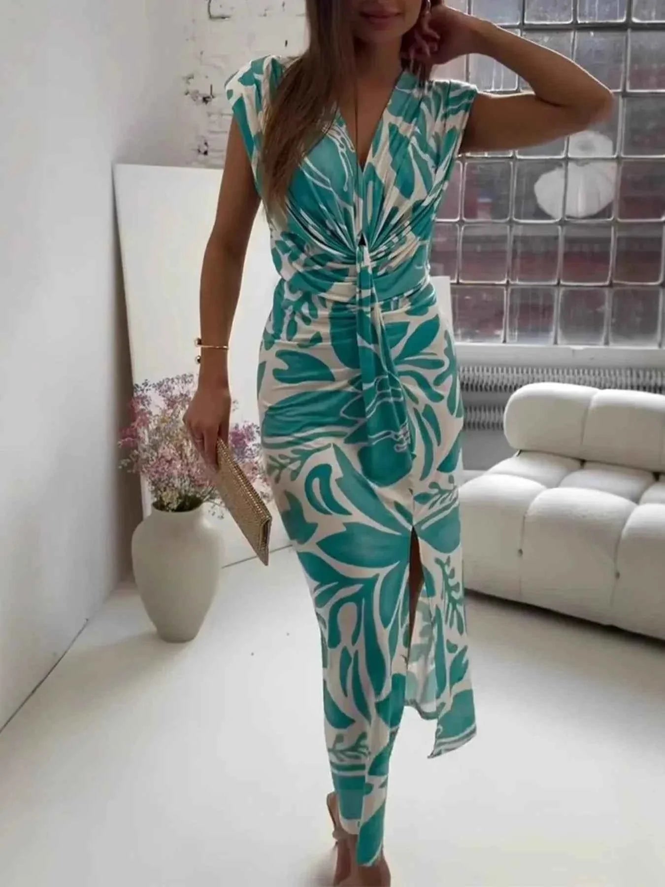Full Size Slit Printed V-Neck Midi Dress for Plus Size Women - Stylish Plus Size Midi Dress