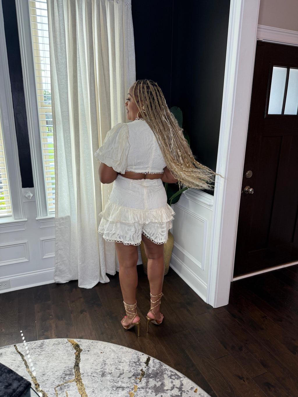 Ivory Lace Trim Puff Sleeve Romper
