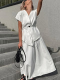 White V-Neck Two-Piece Set | Button Top & A-Line Skirt