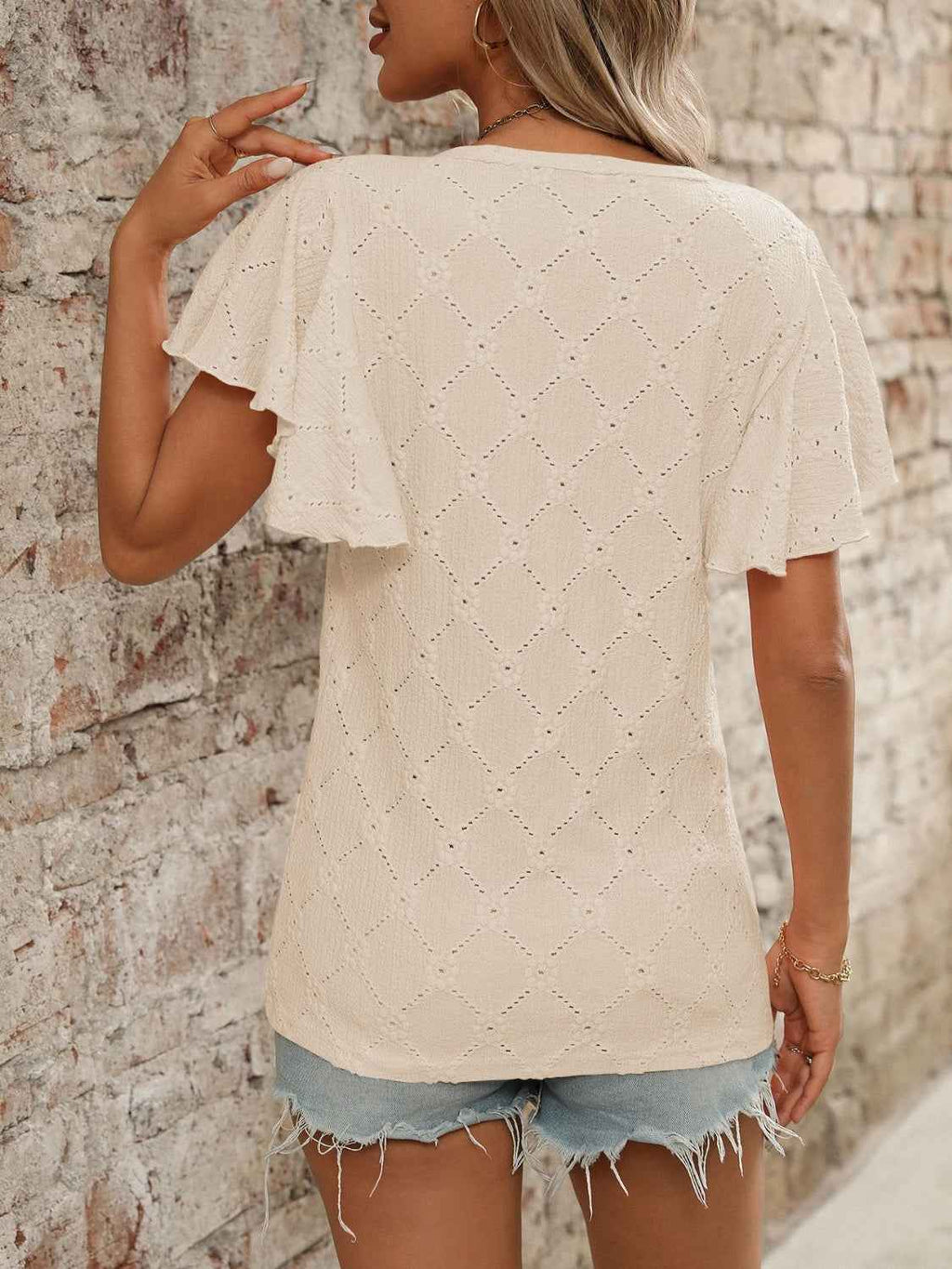 Eyelet Flutter Sleeve Round Neck Top