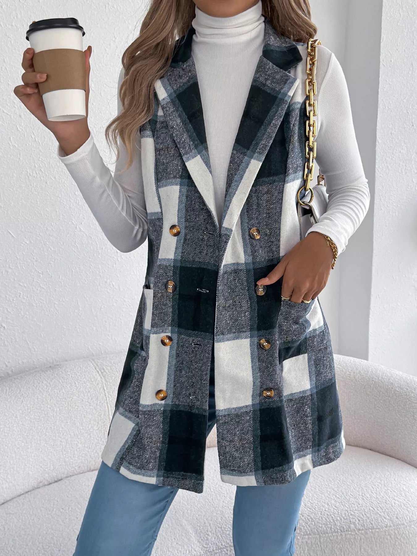Women's Plaid Double-Breasted Vest Coat in Camel and White