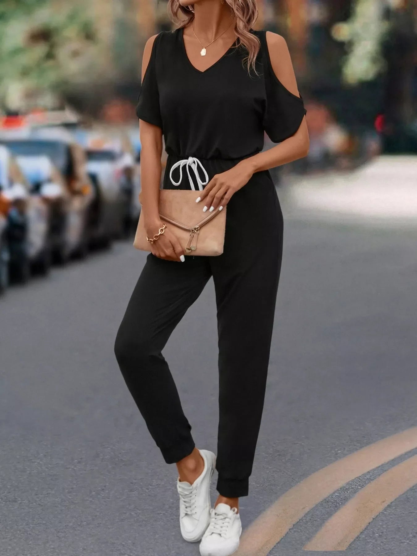 Women's Cold Shoulder V-Neck Jumpsuit – Pocketed Stretch Fit