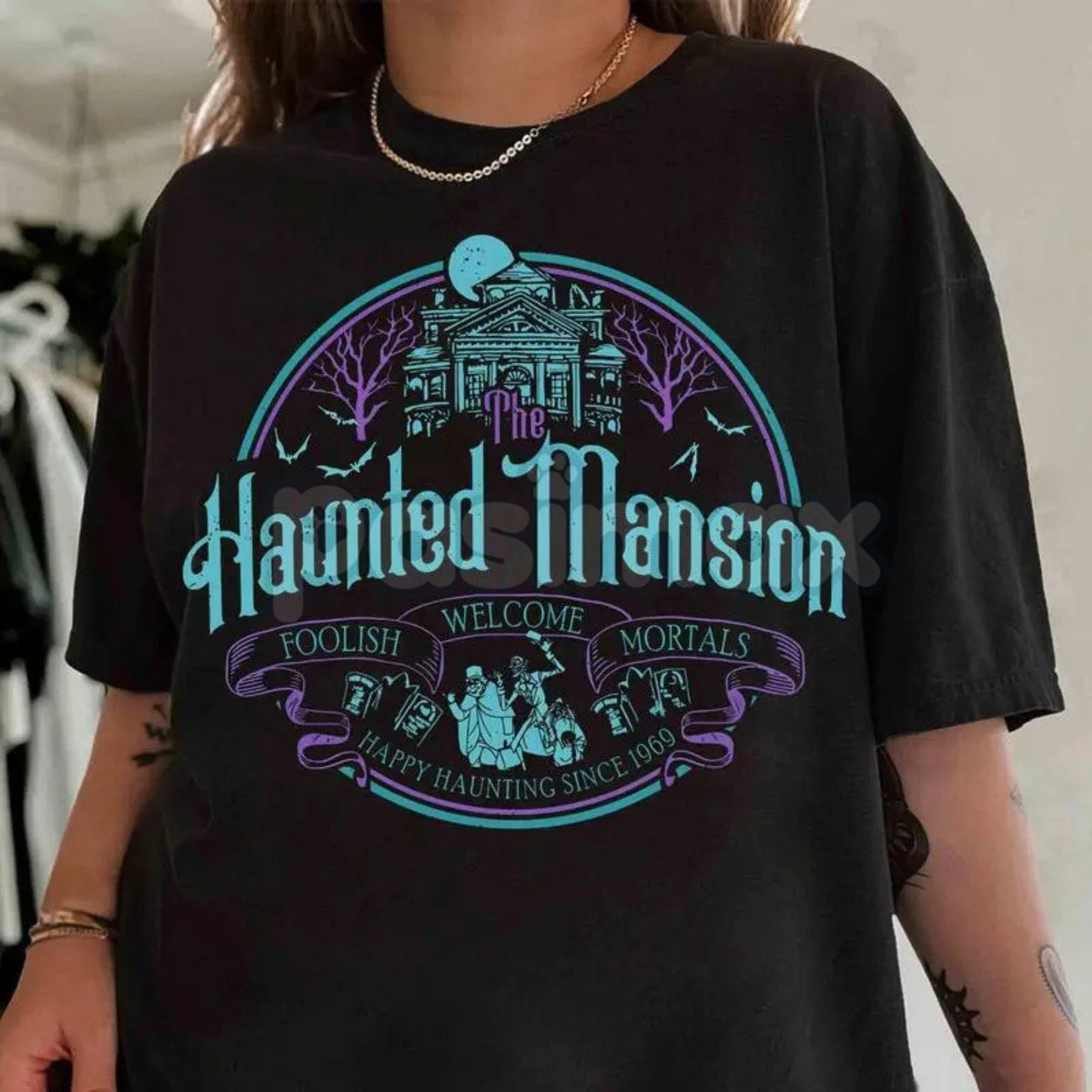 Vintage Haunted Mansion Hitchhiking Ghosts T-Shirt - Retro Halloween "Welcome Foolish Mortals" Tee, Premium 100% Cotton Disney Vacation Top, Funny Spooky Family Trip Shirt, Classic 999 Happy Haunts Graphic, Soft Lived-In Heavyweight Theme Park Apparel
