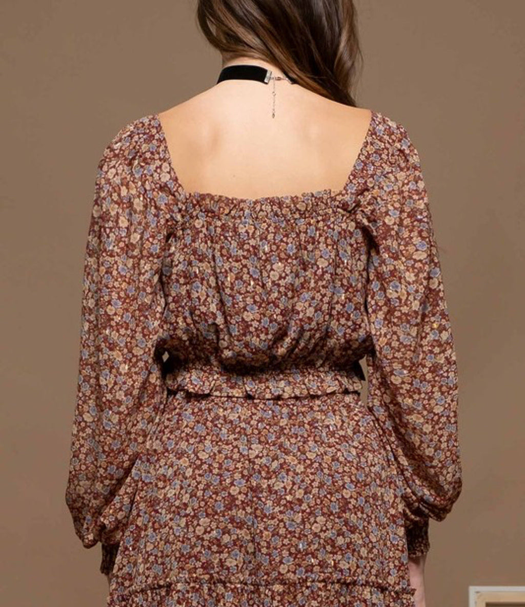 Lennox Floral Square Neck Crop Top - Burgundy