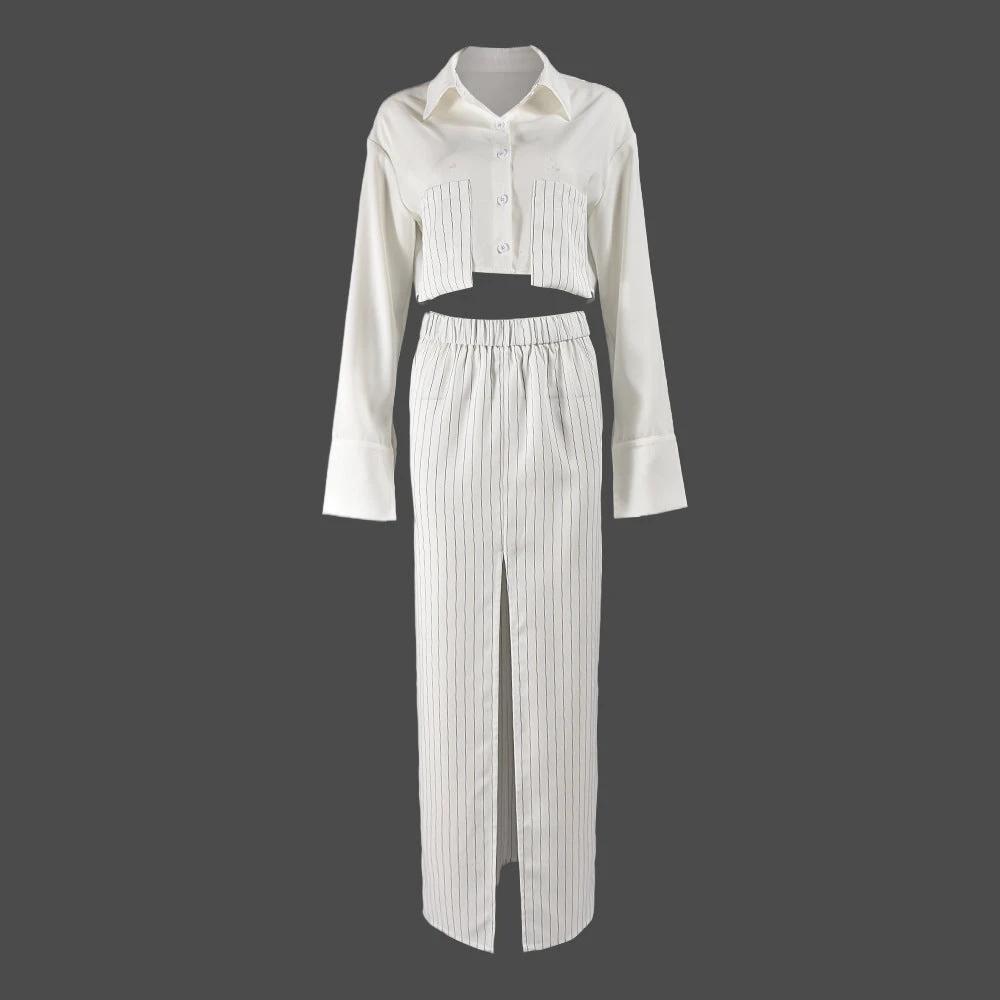 Autumn And Winter Women's Shirt Midriff-baring Long Sleeve Top Elastic Waist Skirt Suit