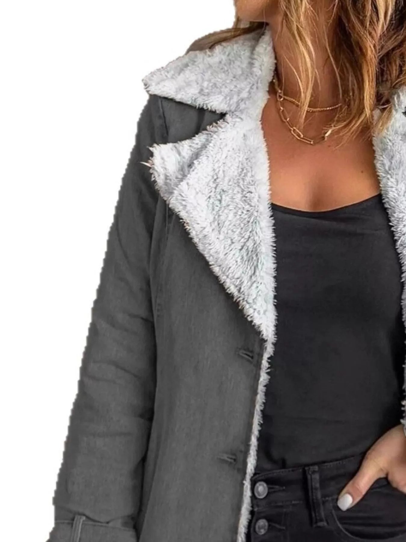 Women's Grey Button Up Jacket with Soft Sherpa Lining