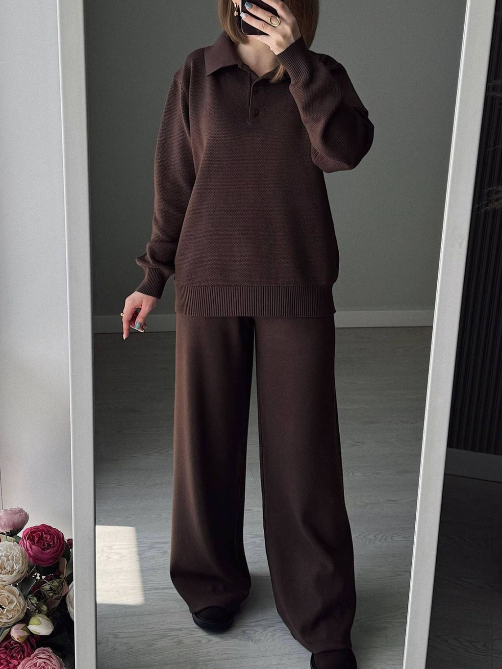 Women's Knit Polo Top and Wide Leg Pants Two-Piece Set