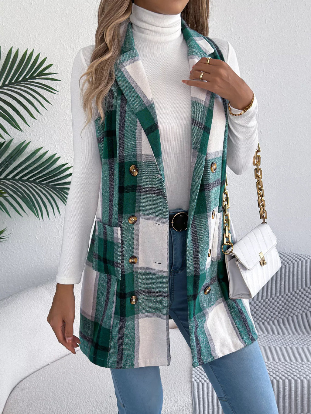 Women's Plaid Double-Breasted Vest Coat in Camel and White