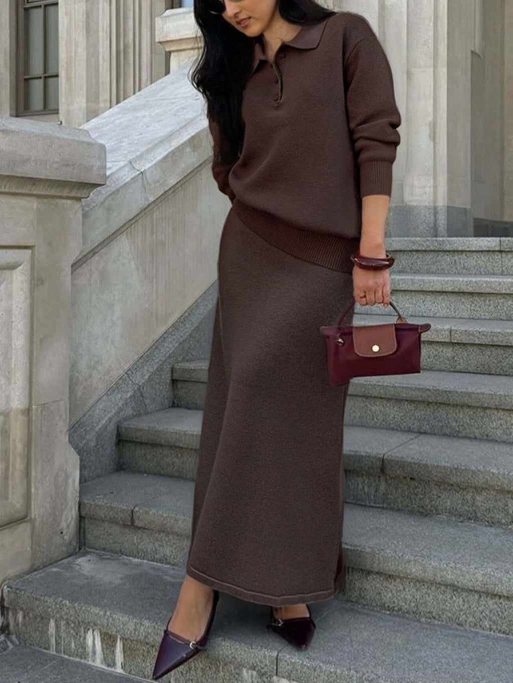 Women's Knit Polo Top and Wide Leg Pants Two-Piece Set