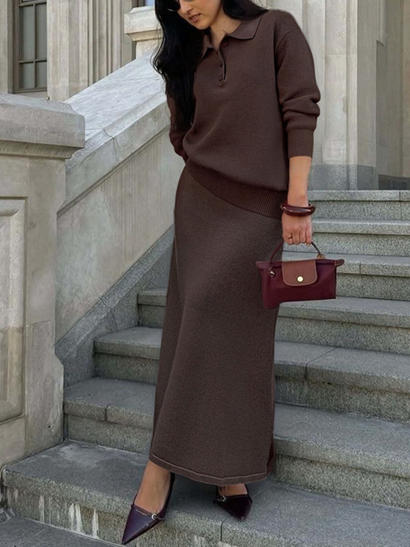 Women's Knit Polo Top and Wide Leg Pants Two-Piece Set