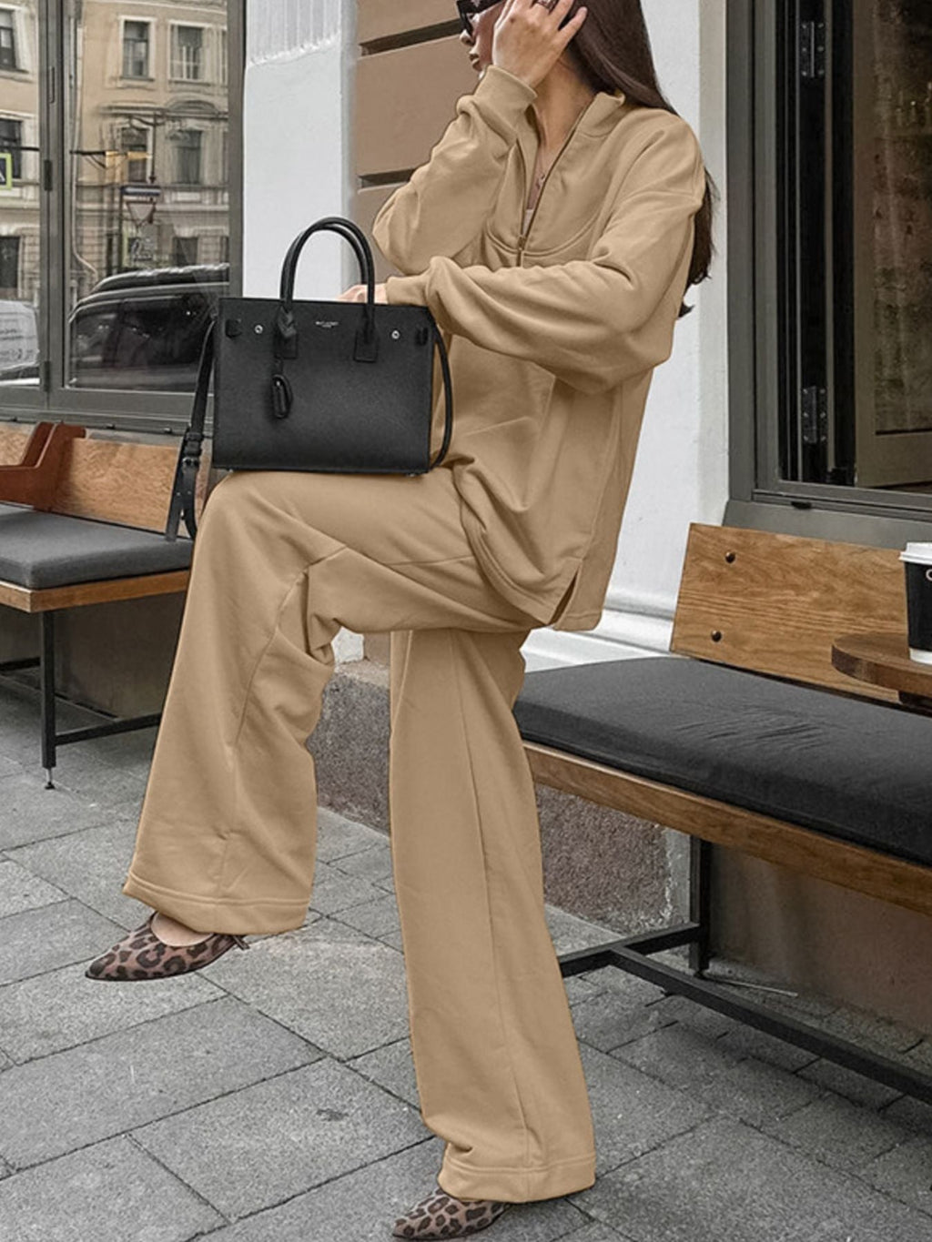 Women's Quarter Zip Long Sleeve Top & Wide Leg Pants Set Beige