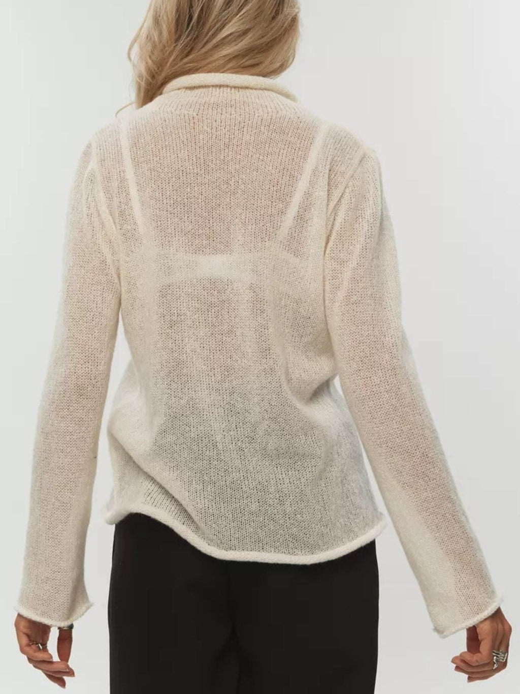 Women's Cream Long Sleeve Mock Neck Lightweight Pullover Sweater
