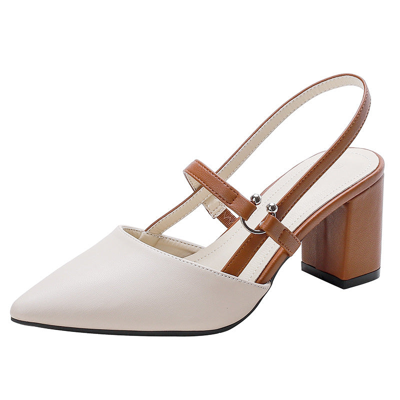 Women's Pointed-Toe Open-Heel Chunky Heel Shoes | T-Strap Buckle High Heels