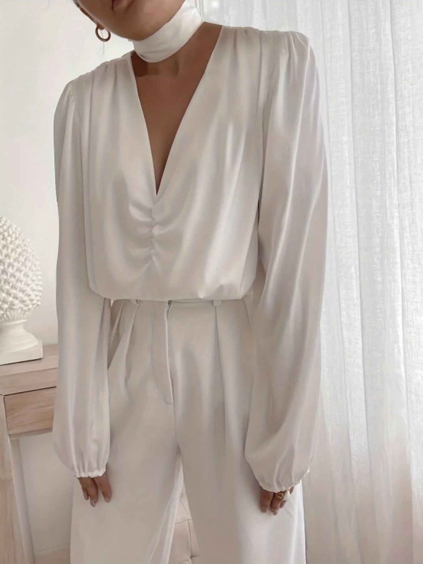 White Long Sleeve V-Neck Blouse with Ruched Front Detail
