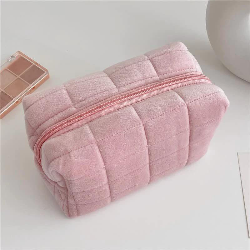 Plush Makeup Bag Checkered Cosmetic Bag Cosmetic Travel Bag Large Zipper Travel Toiletry Bag Portable Multi Functional Capacity Bag Cute Makeup Brushes Storage Bag For Women