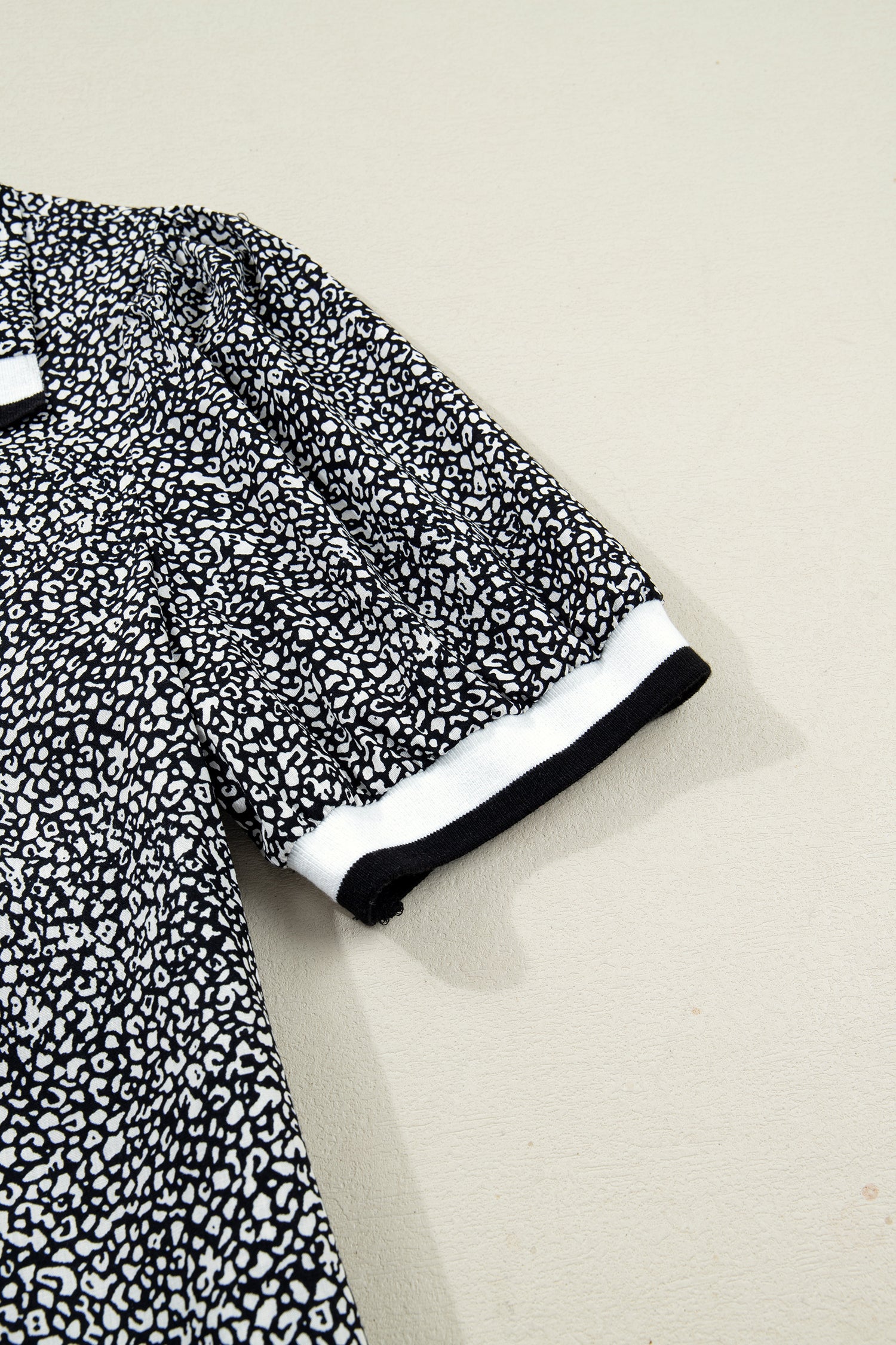 Black Leopard Print Contrast Striped Trim Polo Collar Short Sleeve Dress with Pockets