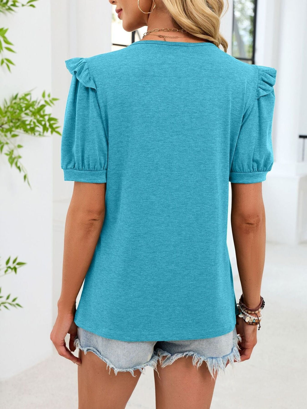 Women's Solid Color Ruffled Short Sleeve Crew Neck T-Shirt