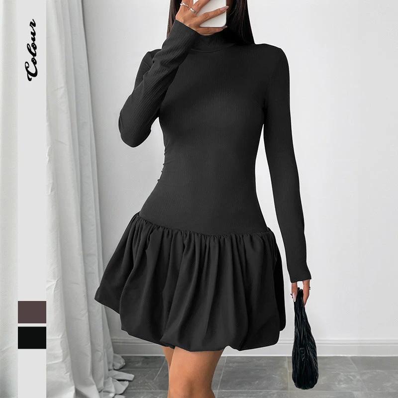Simple Elegant Basic Turtleneck Long Sleeve Solid Color Dress