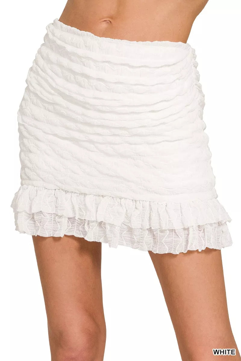 White Ruched Mini Skirt with Built-in Shorts